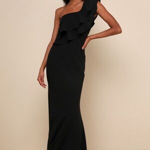 Lulus Grand Beauty Black Ruffled One-shoulder Mermaid Maxi Dress - Size S